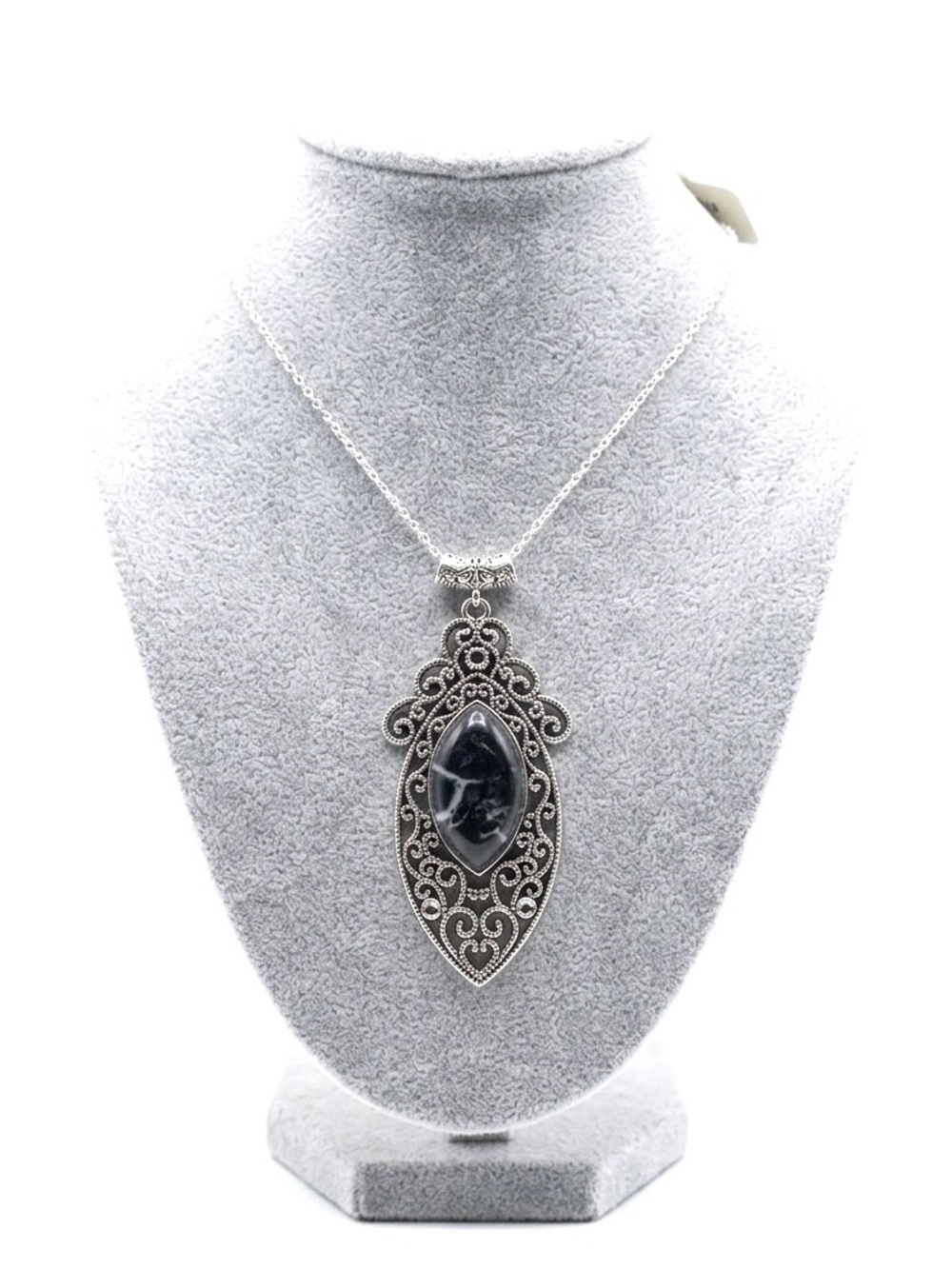 New Artisan Rare Marcasite Stone 925 Sterling Silver Black White Necklace